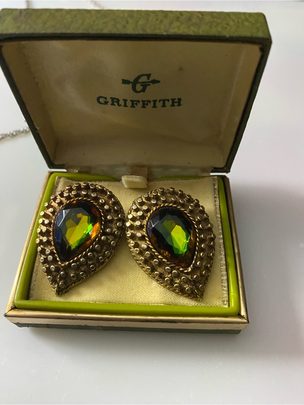 Vintage Griffith Clip On Ear Rings with Emerald like gems.